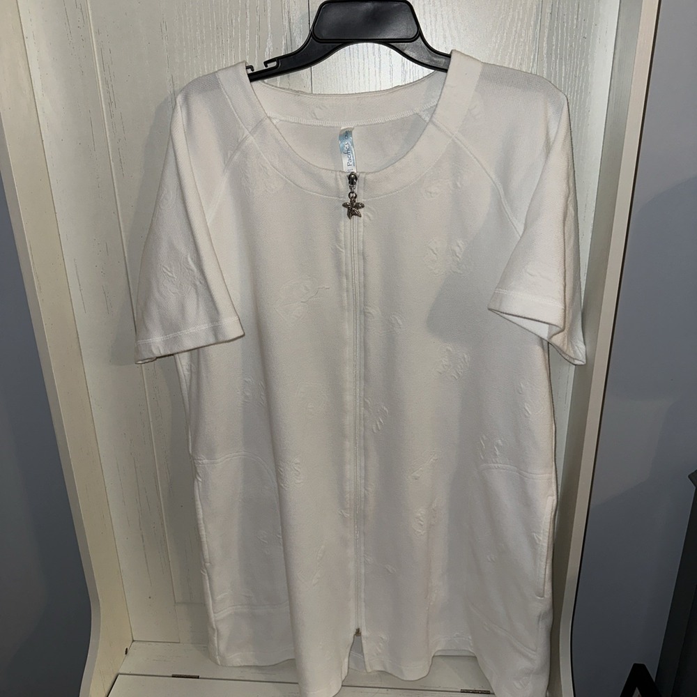 Pacific Beach Womens Cover Up Bathing Suit Tunic White Large Full Zip